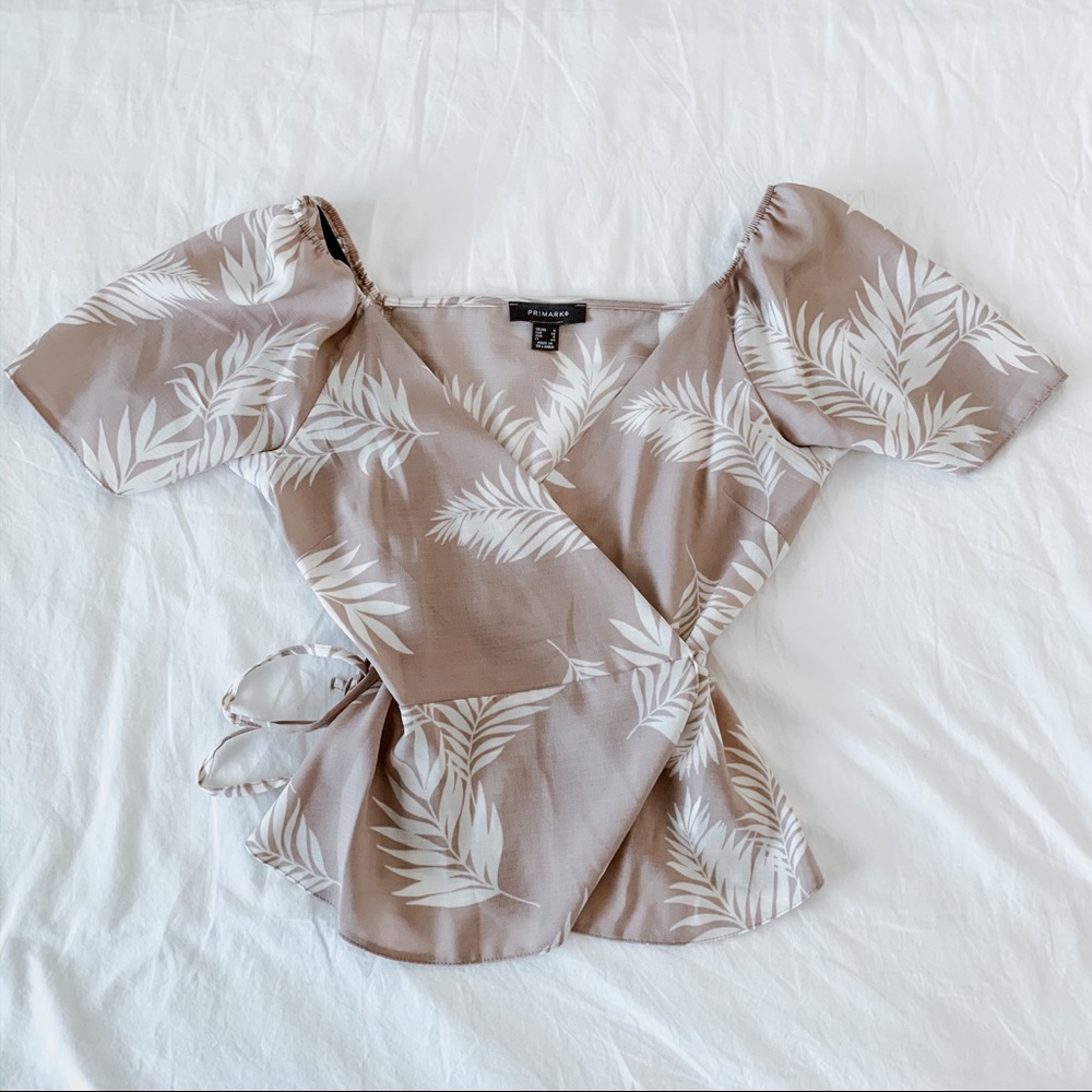Pink leaf print wrap top